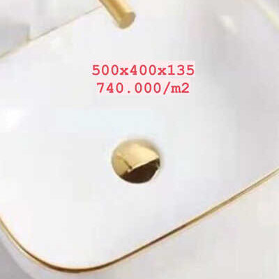 Mẫu Lavabo trắng sứ để bàn vuông viền vàng