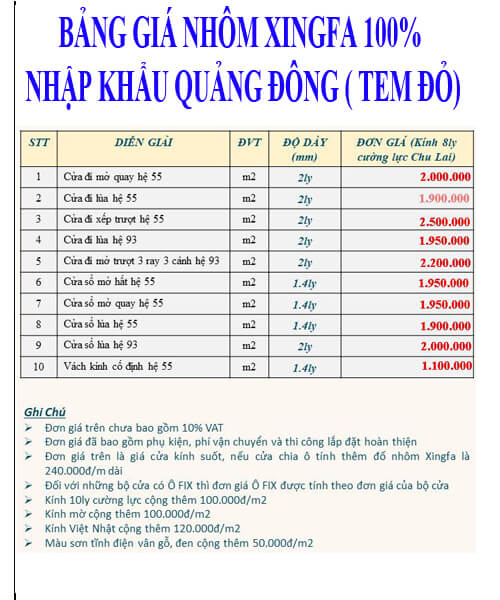 Giá cửa nhôm xingfa nhập khẩu tại Đà Nẵng - 0903.595.049